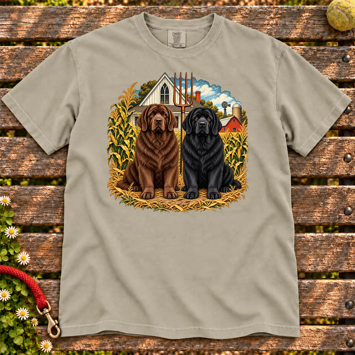 American Dogthic Newfie farmhouse design on a Sandstone Comfort Colors® T-shirt