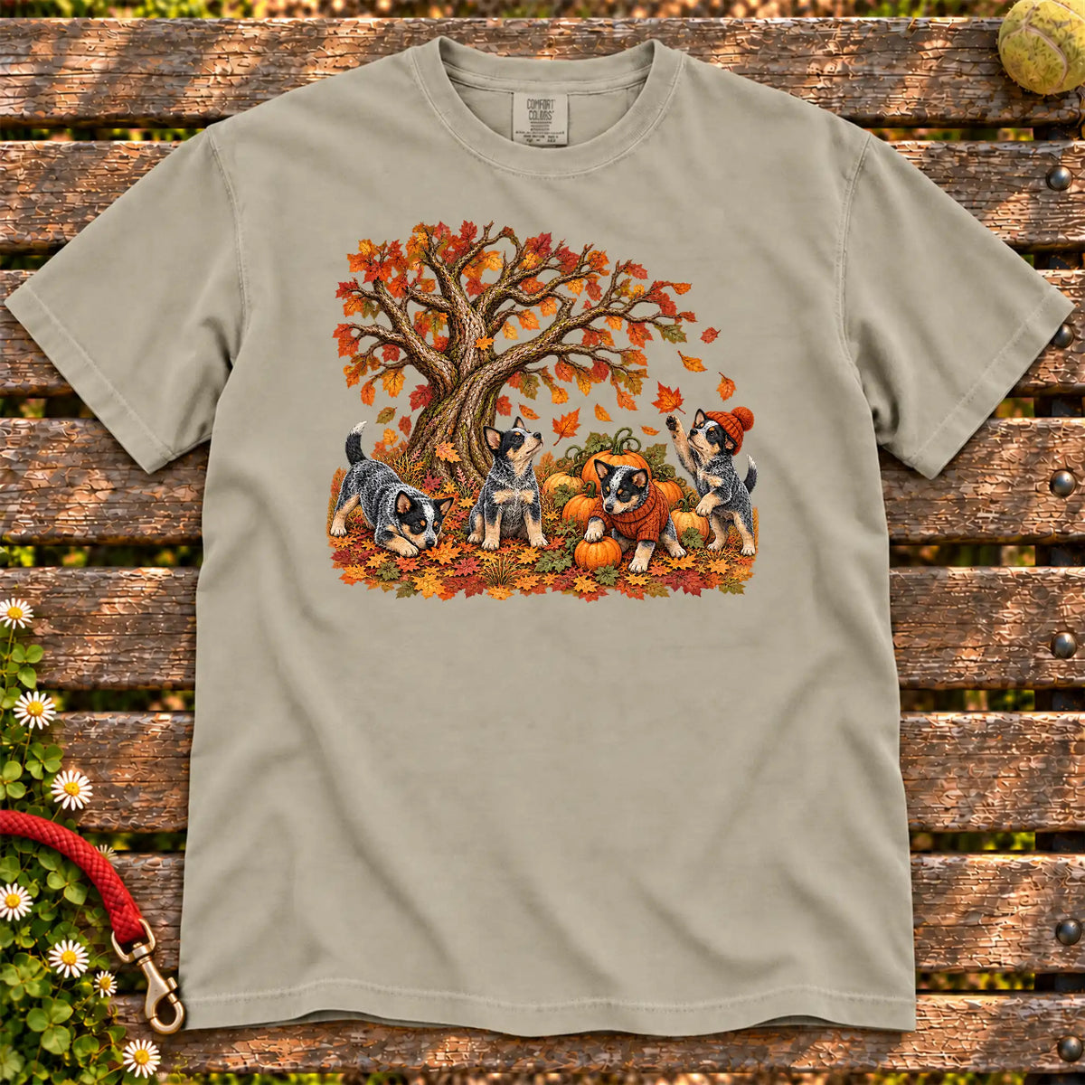 Four Blue Heeler puppies with pumpkins beneath an autumn tree on a Sandstone garment-dyed T-shirt