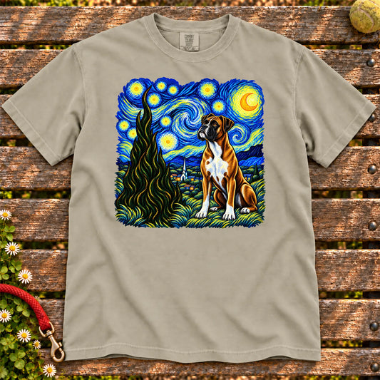 Colorful Boxer beneath a swirling starry night sky on a Sandstone T-shirt