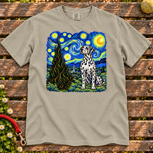 Colorful Dalmatian beneath a swirling starry night sky on a Sandstone T-shirt