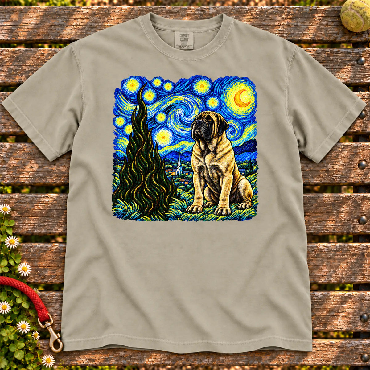 Colorful Mastiff beneath a swirling starry night sky on a Sandstone T-shirt