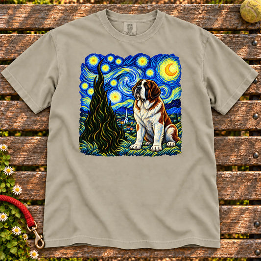 Colorful Saint Bernard beneath a swirling starry night sky on a Sandstone T-shirt