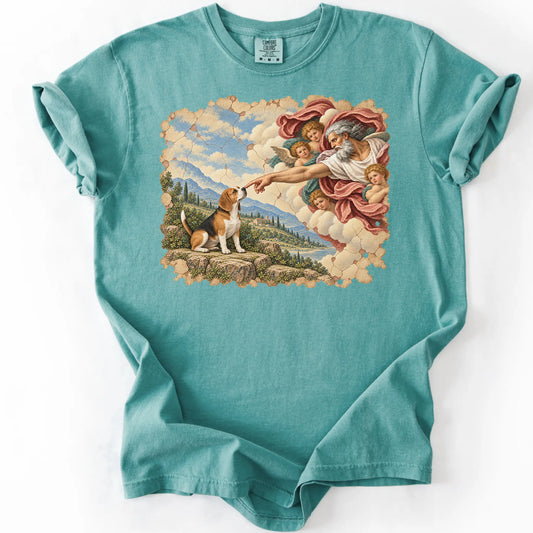Beagle Creation of Adam design on a seafoam T-shirt
