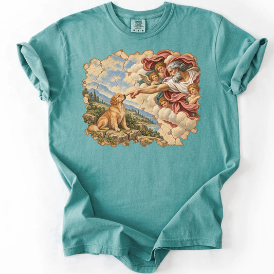 Golden Retriever Creation of Adam design on a seafoam T-shirt