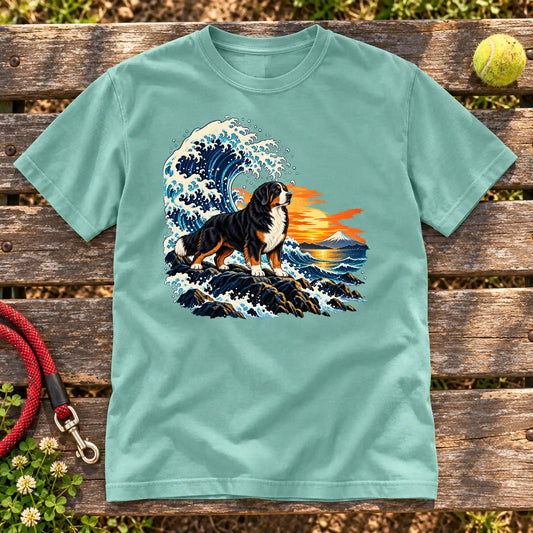 Bernese Mountain Dog dog with ocean waves, sunset and Mount Fuji on a Seafoam Comfort Colors T-shirt