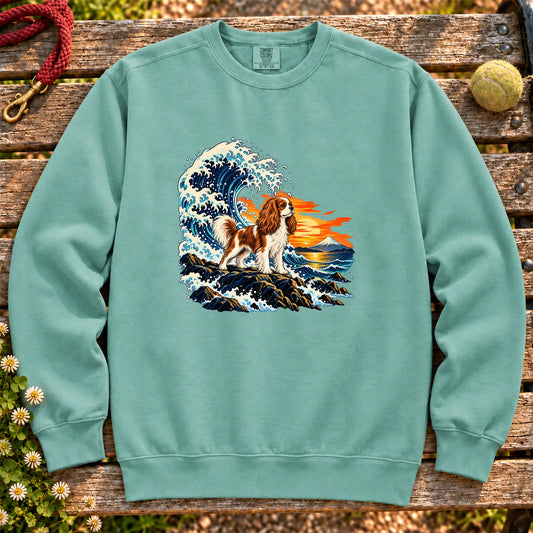 Cavalier King Charles Spaniel dog with ocean waves, sunset and Mount Fuji on a Seafoam Comfort Colors sweatshirt