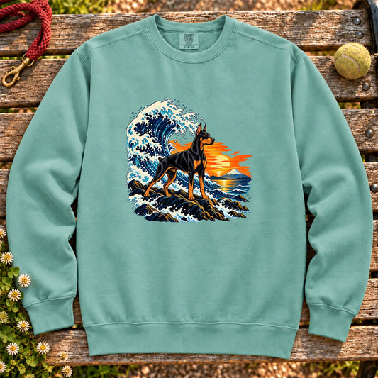 Doberman dog with ocean waves, sunset and Mount Fuji on a Seafoam Comfort Colors sweatshirt