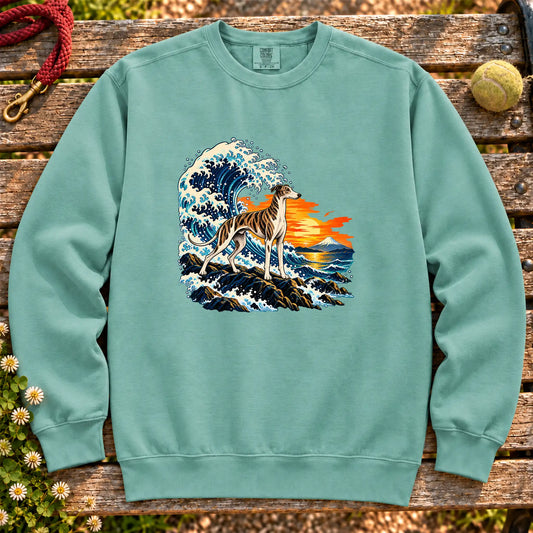 Greyhound dog with ocean waves, sunset and Mount Fuji on a Seafoam Comfort Colors sweatshirt