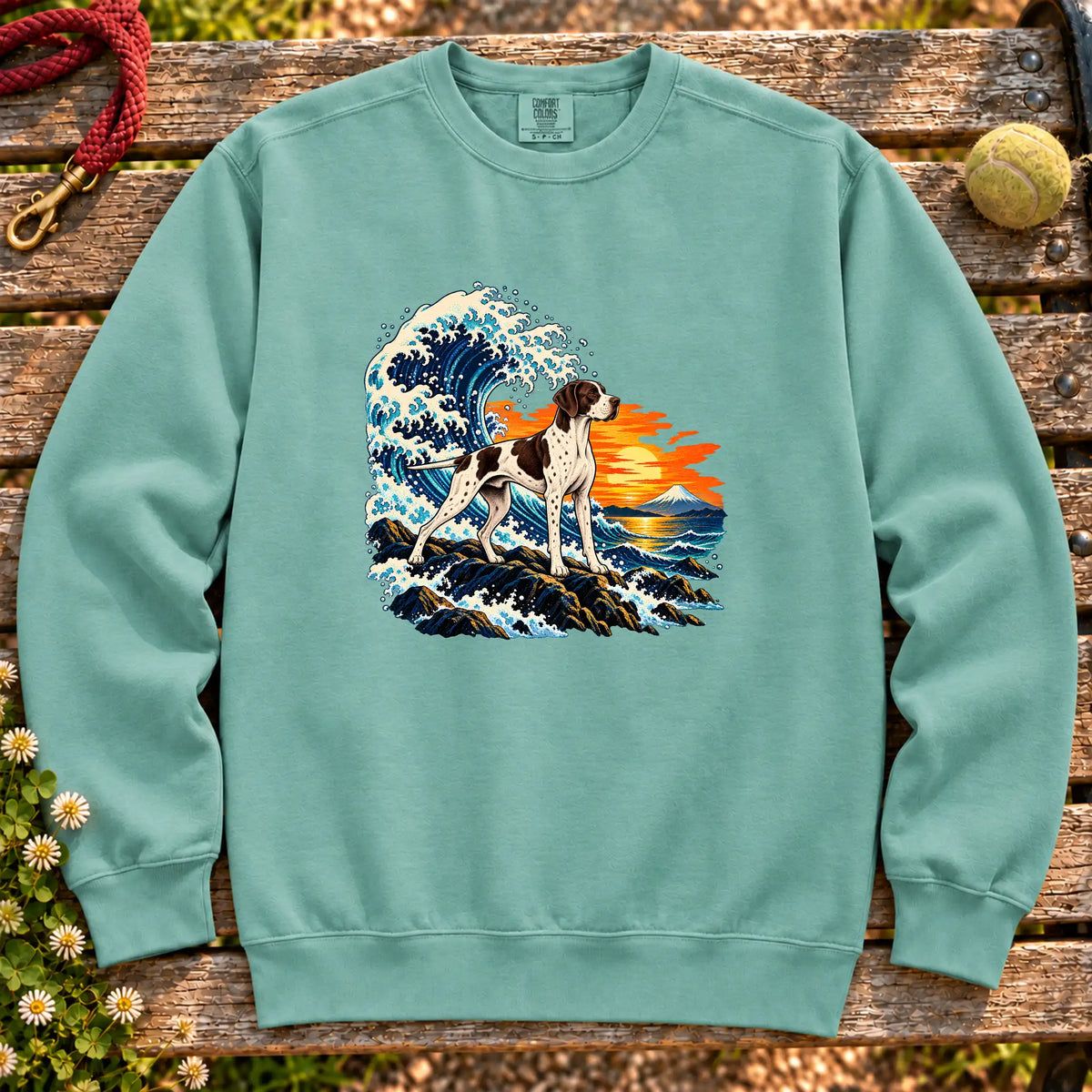 Pointer dog with ocean waves, sunset and Mount Fuji on a Seafoam Comfort Colors sweatshirt