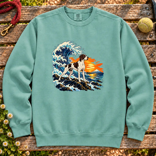 Pointer dog with ocean waves, sunset and Mount Fuji on a Seafoam Comfort Colors sweatshirt
