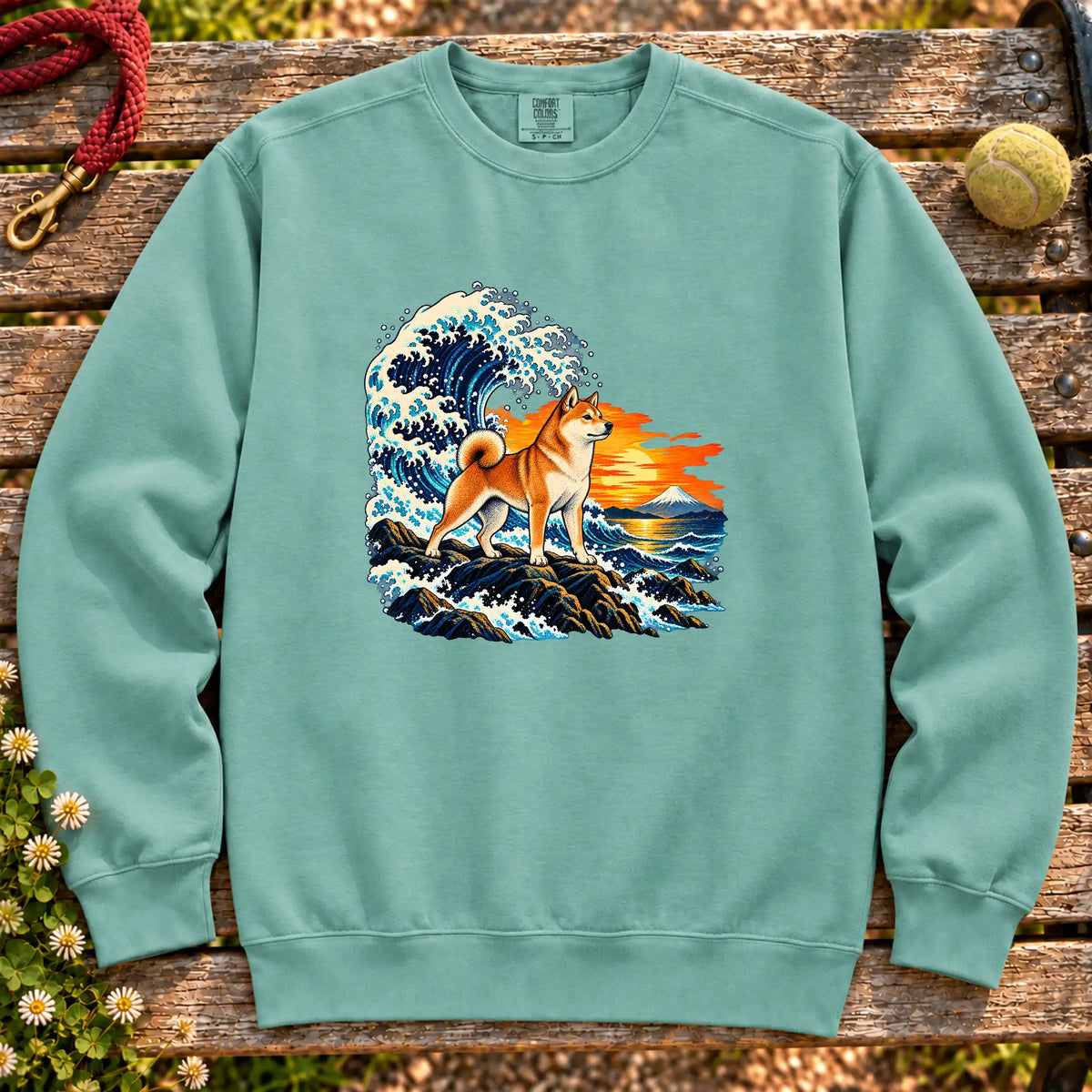 Shiba Inu dog with ocean waves, sunset and Mount Fuji on a Seafoam Comfort Colors sweatshirt