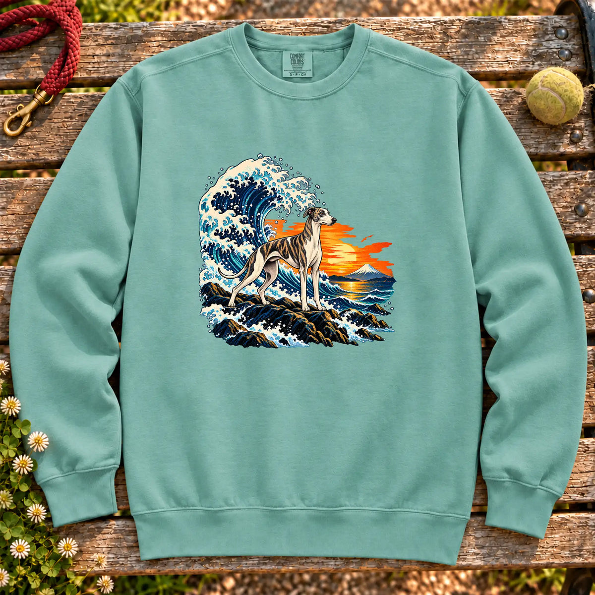 Whippet dog with ocean waves, sunset and Mount Fuji on a Seafoam Comfort Colors sweatshirt