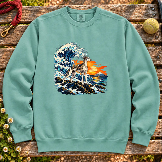 Whippet dog with ocean waves, sunset and Mount Fuji on a Seafoam Comfort Colors sweatshirt