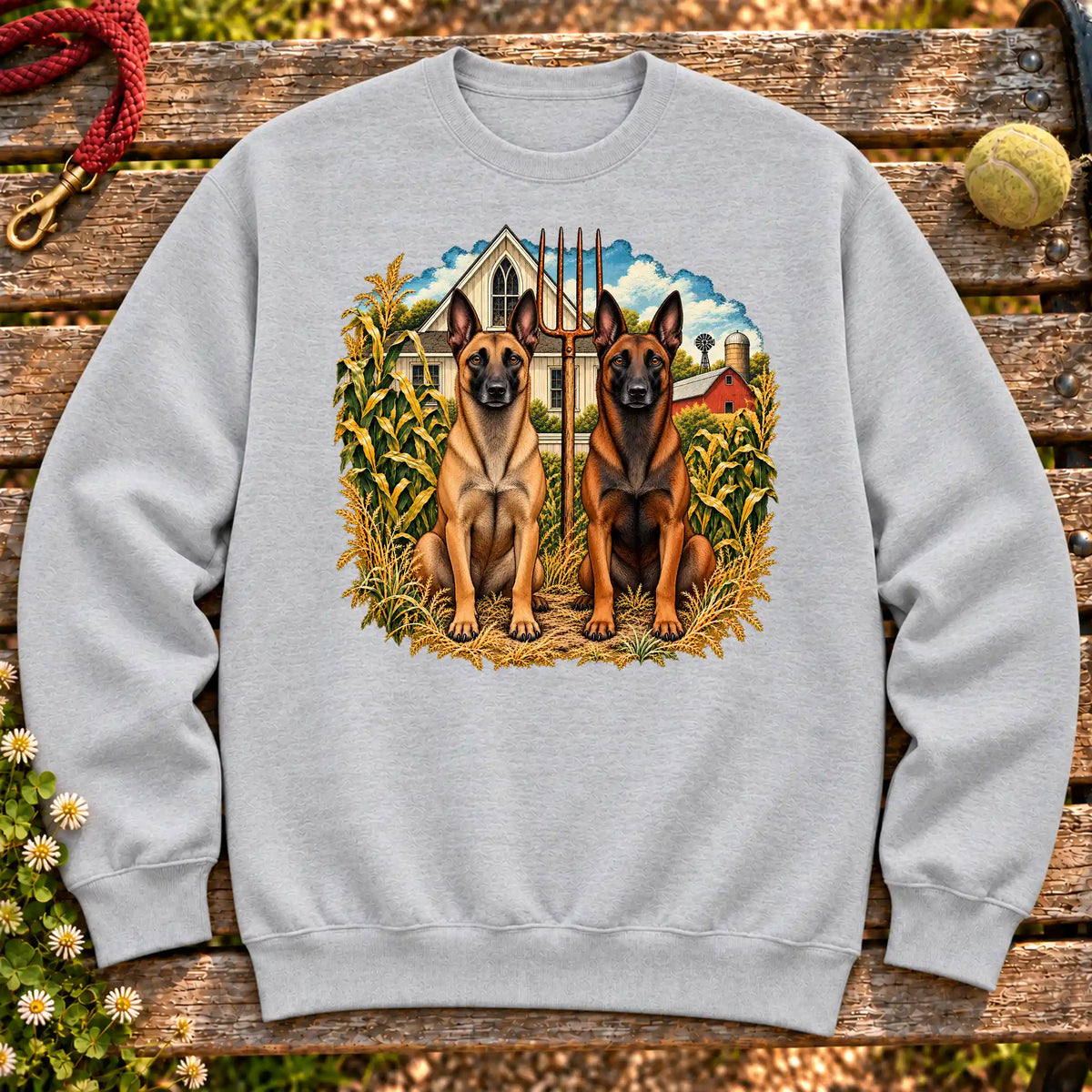 American Dogthic Belgian Malinois farmhouse design on a Sport Grey Gildan® Heavy Blend sweatshirt