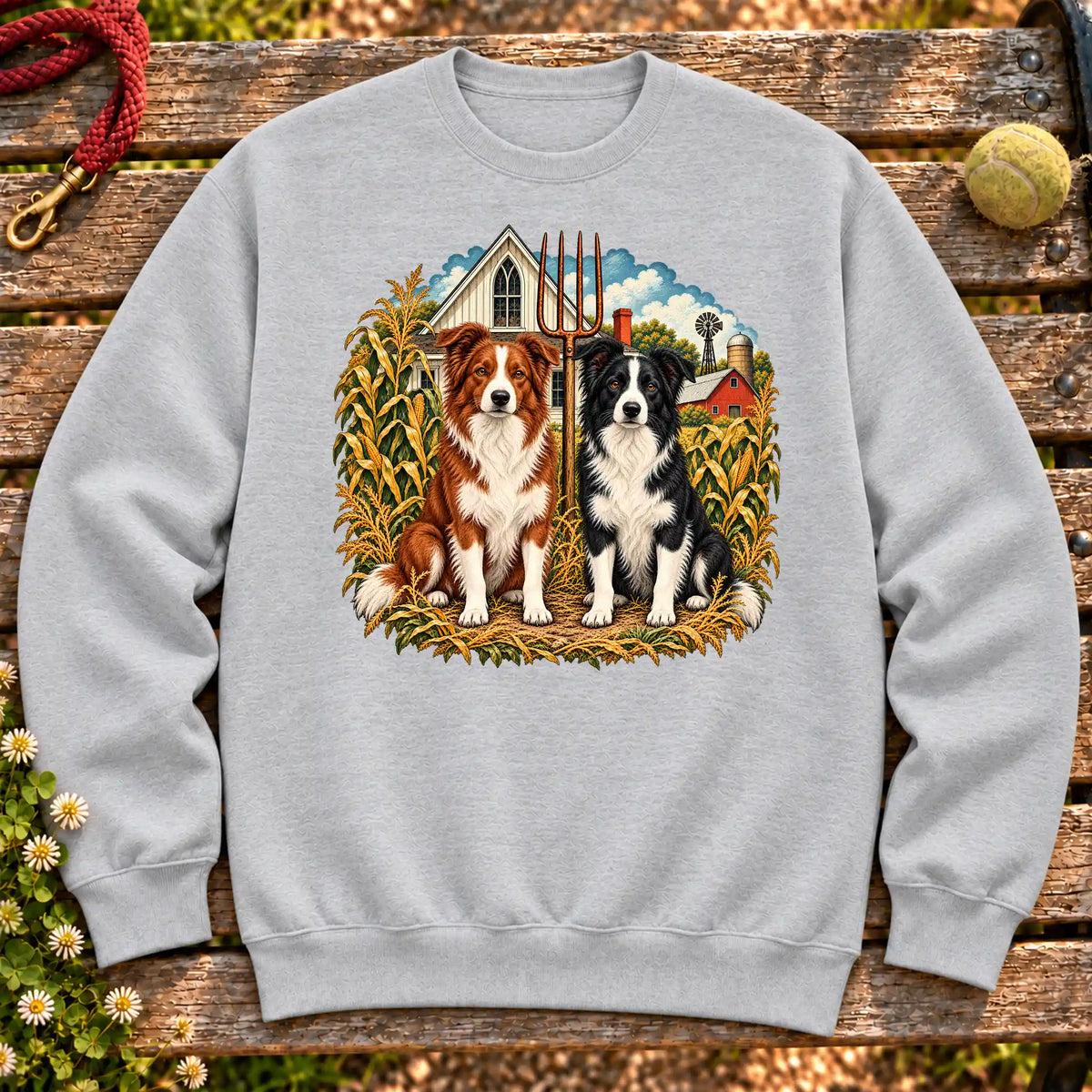 American Dogthic Border Collie farmhouse design on a Sport Grey Gildan® Heavy Blend sweatshirt