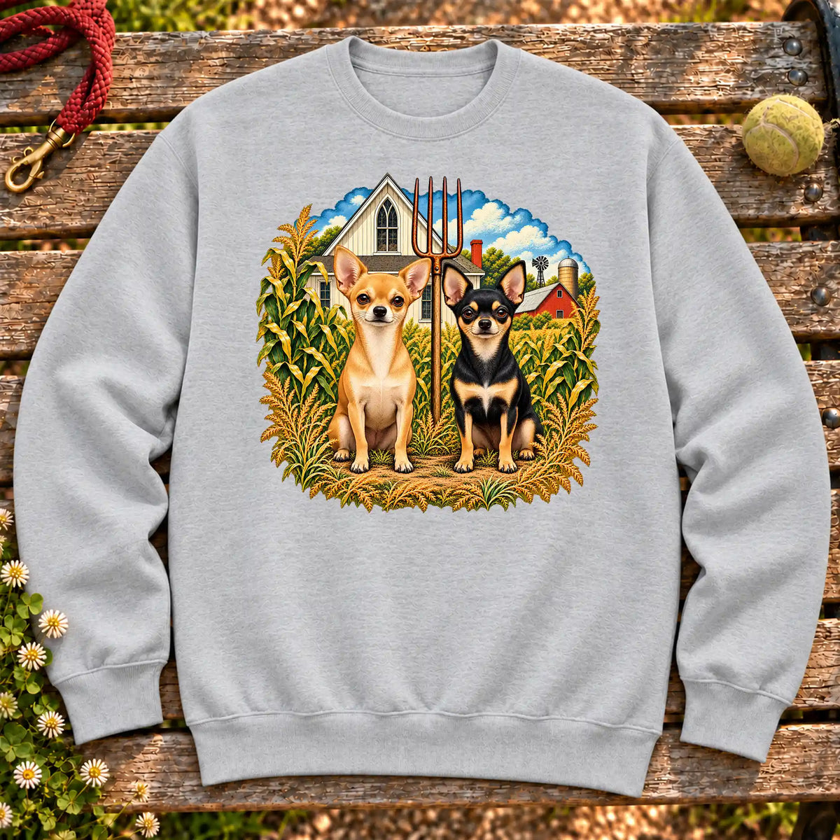 American Dogthic Chihuahua farmhouse design on a Sport Grey Gildan® Heavy Blend sweatshirt