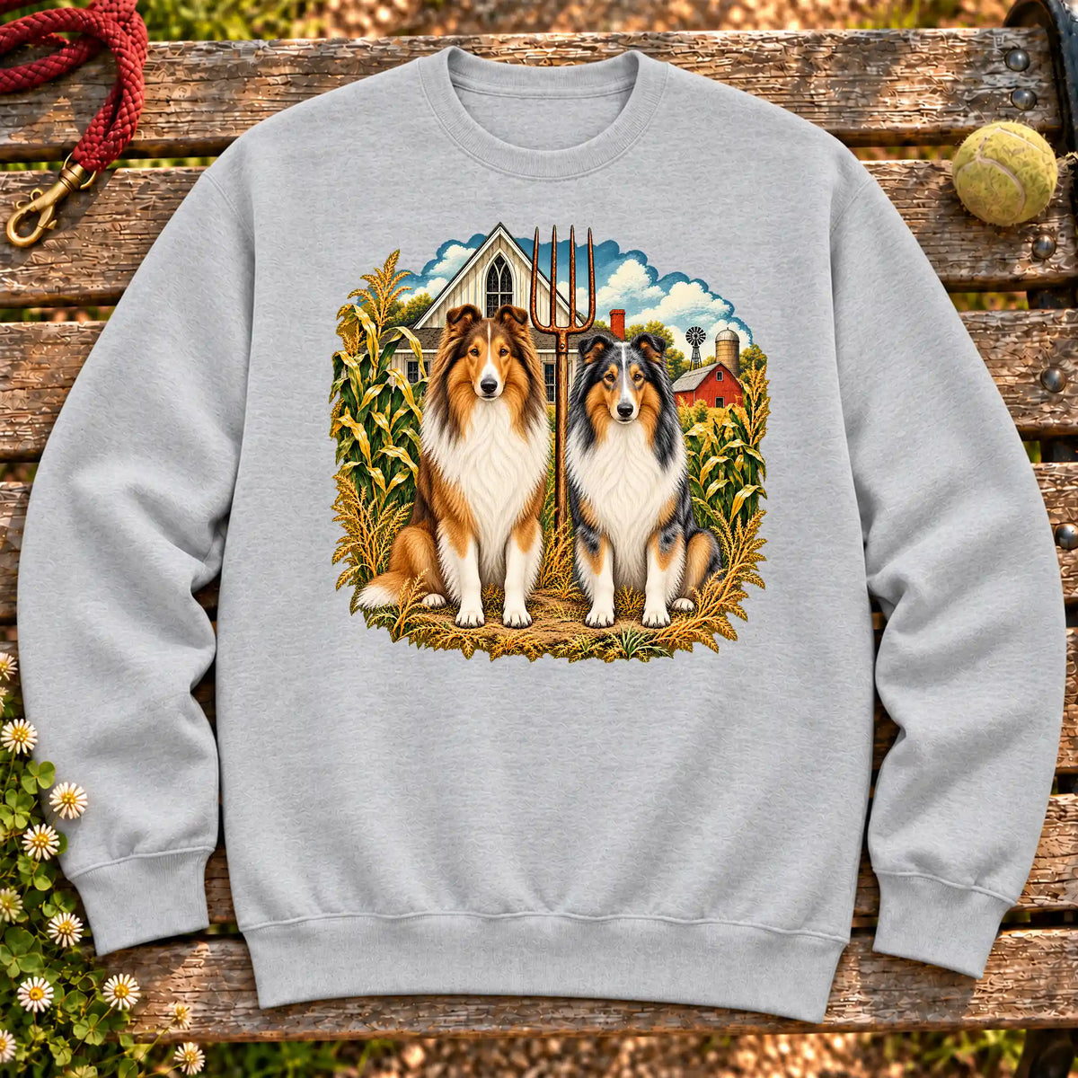 American Dogthic Collie farmhouse design on a Sport Grey Gildan® Heavy Blend sweatshirt