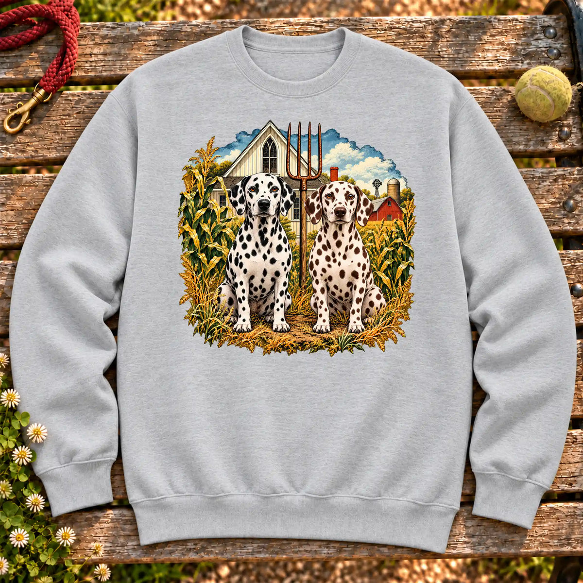 American Dogthic Dalmatian farmhouse design on a Sport Grey Gildan® Heavy Blend sweatshirt