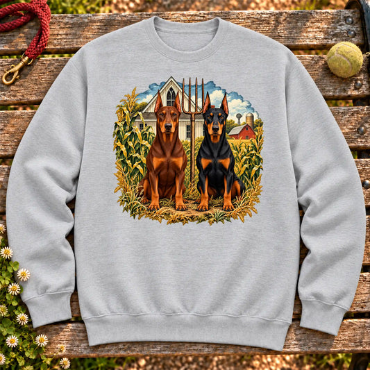 American Dogthic Doberman farmhouse design on a Sport Grey Gildan® Heavy Blend sweatshirt