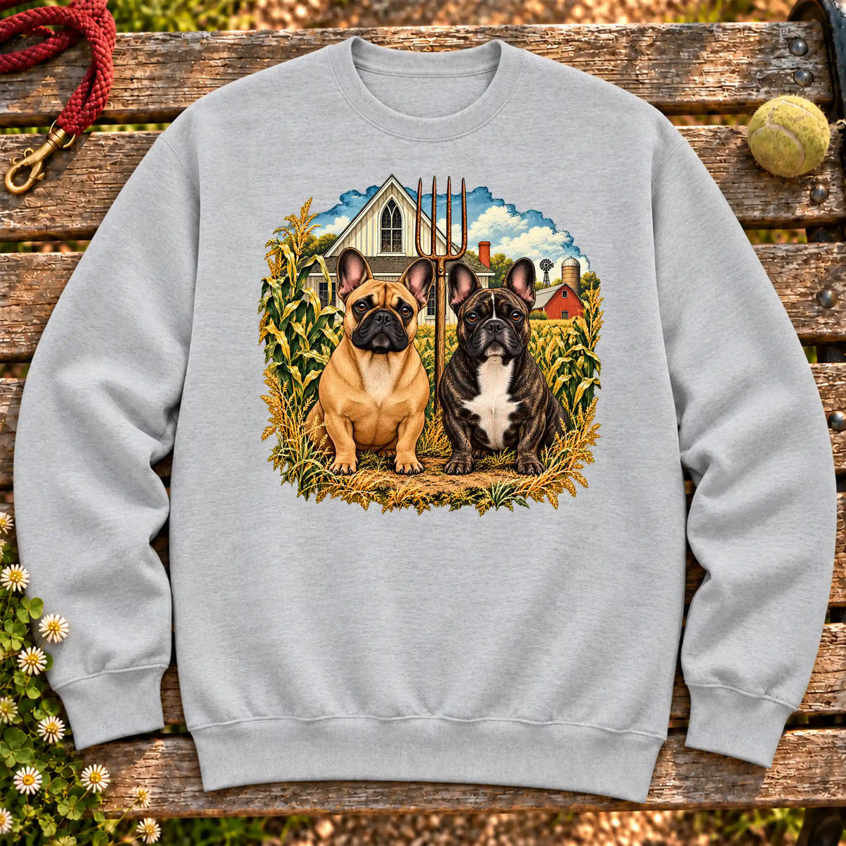 American Dogthic French Bulldog farmhouse design on a Sport Grey Gildan® Heavy Blend sweatshirt