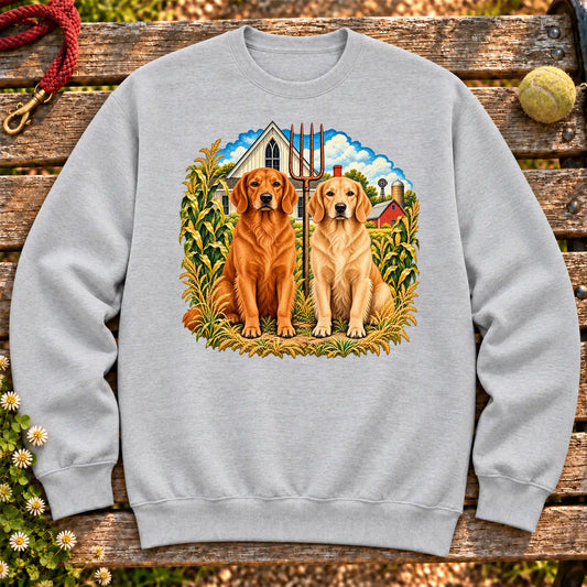 American Dogthic Golden Retriever farmhouse design on a Sport Grey Gildan® Heavy Blend sweatshirt