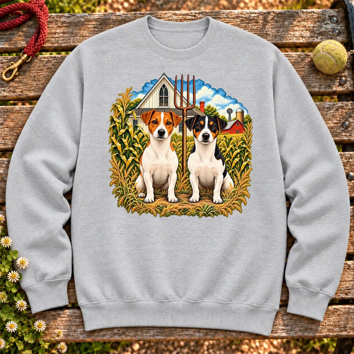 American Dogthic Jack Russell farmhouse design on a Sport Grey Gildan® Heavy Blend sweatshirt