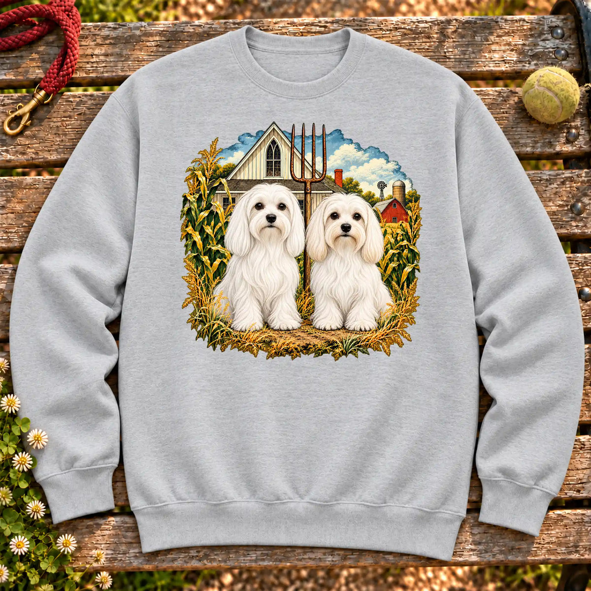 American Dogthic Maltese farmhouse design on a Sport Grey Gildan® Heavy Blend sweatshirt