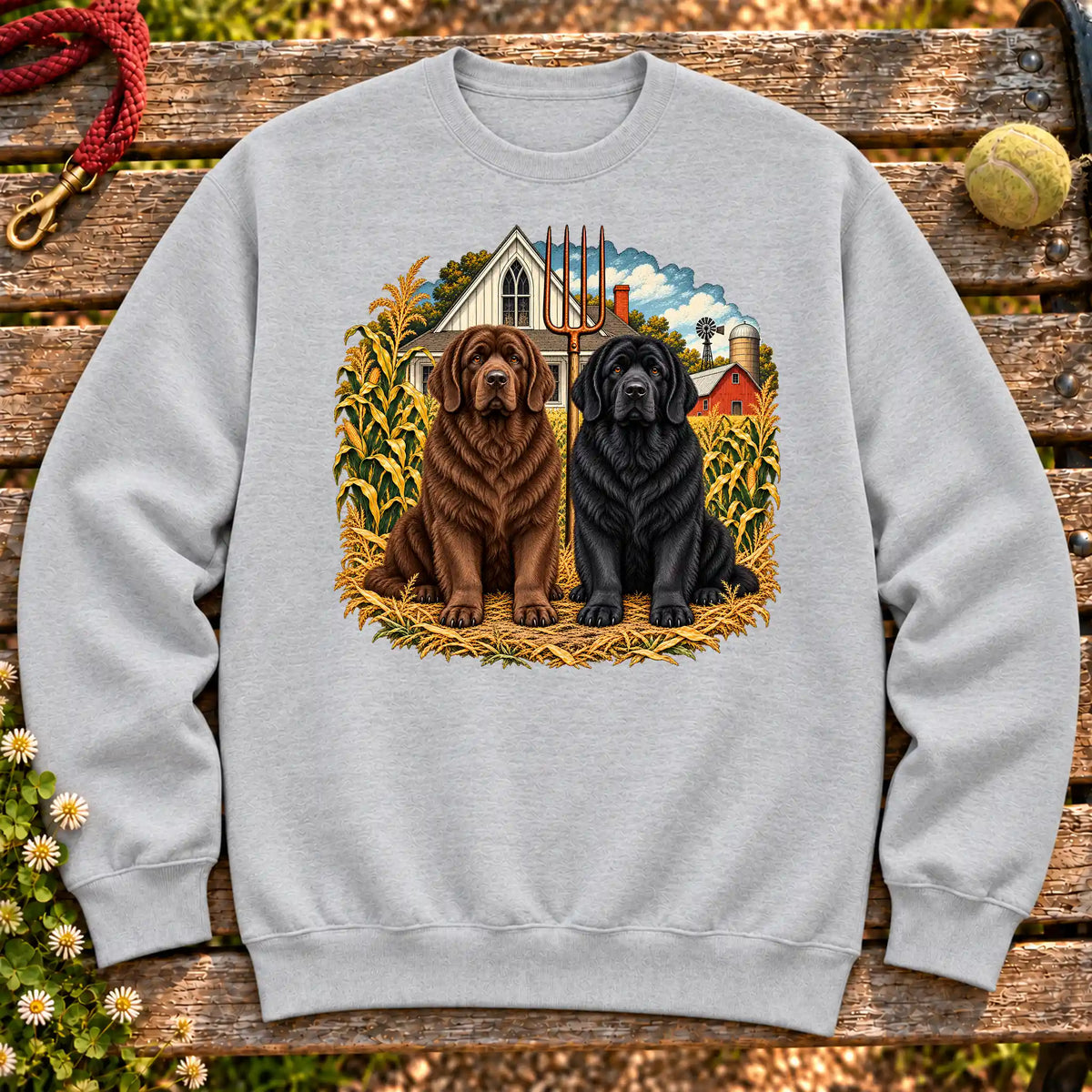 American Dogthic Newfie farmhouse design on a Sport Grey Gildan® Heavy Blend sweatshirt