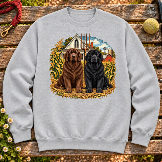 American Dogthic Newfie farmhouse design on a Sport Grey Gildan® Heavy Blend sweatshirt