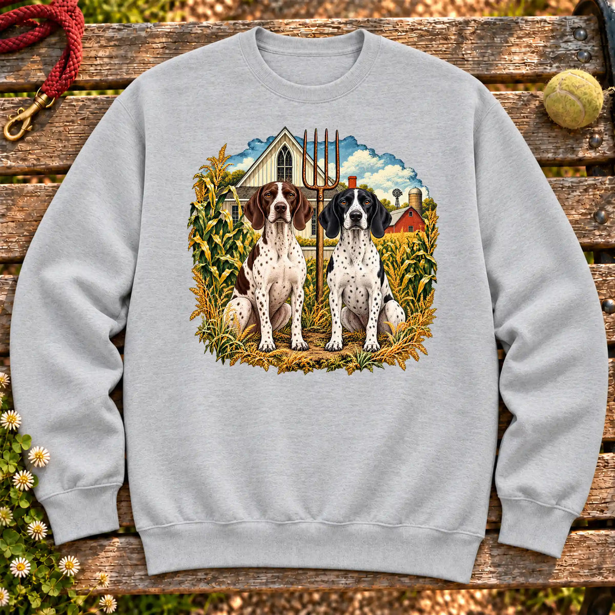 American Dogthic Pointer farmhouse design on a Sport Grey Gildan® Heavy Blend sweatshirt