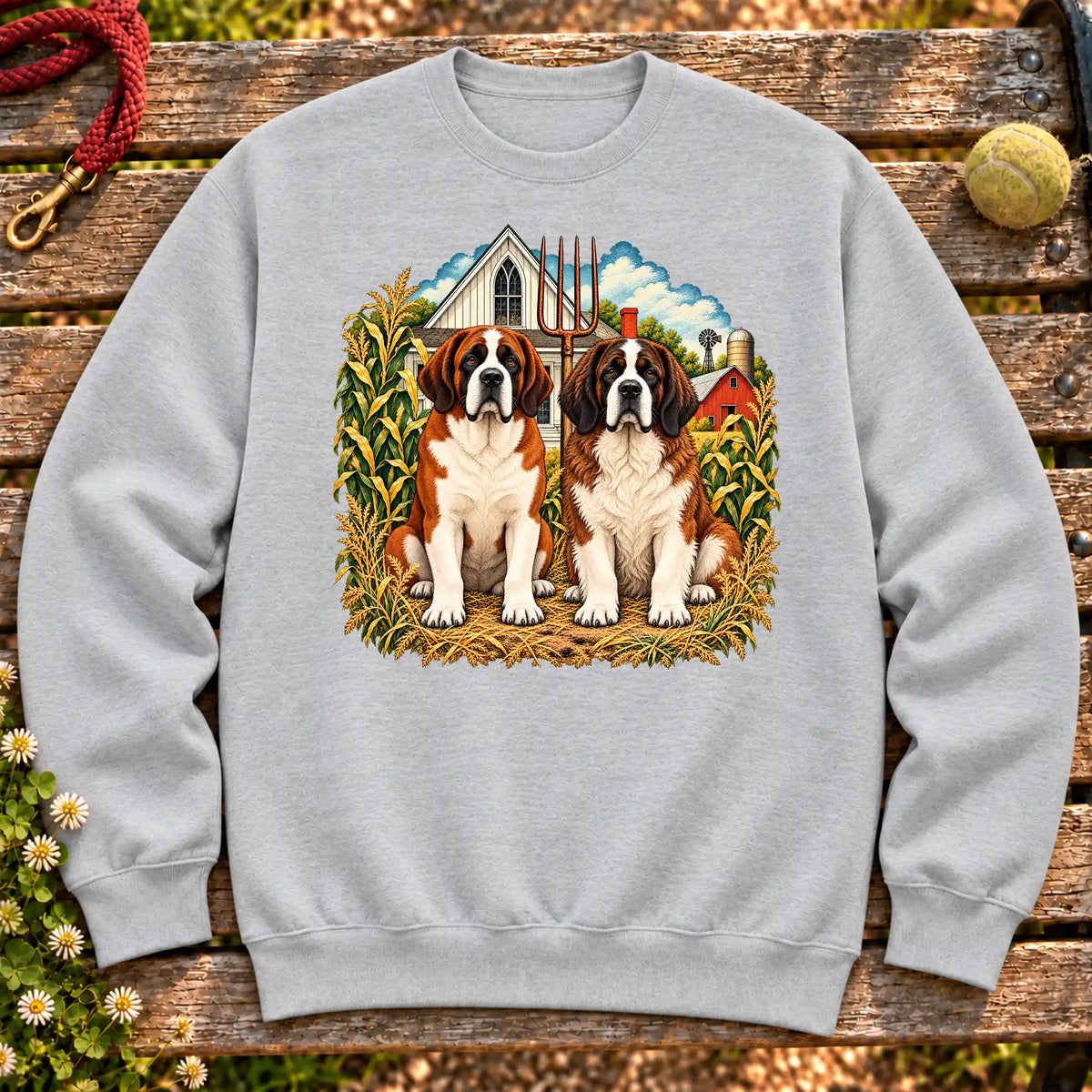 American Dogthic Saint Bernard farmhouse design on a Sport Grey Gildan® Heavy Blend sweatshirt