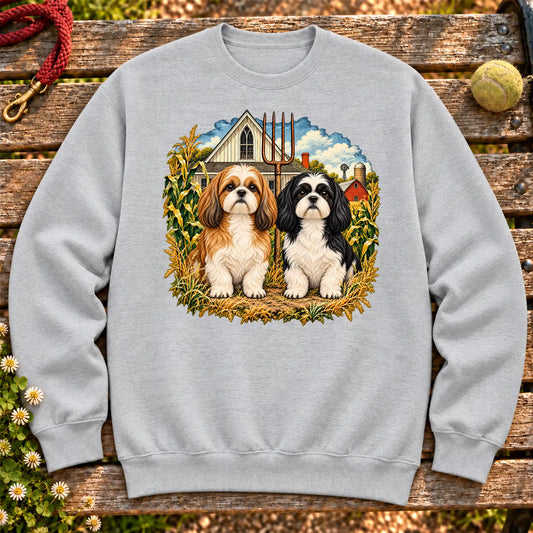 American Dogthic Shih Tzu farmhouse design on a Sport Grey Gildan® Heavy Blend sweatshirt