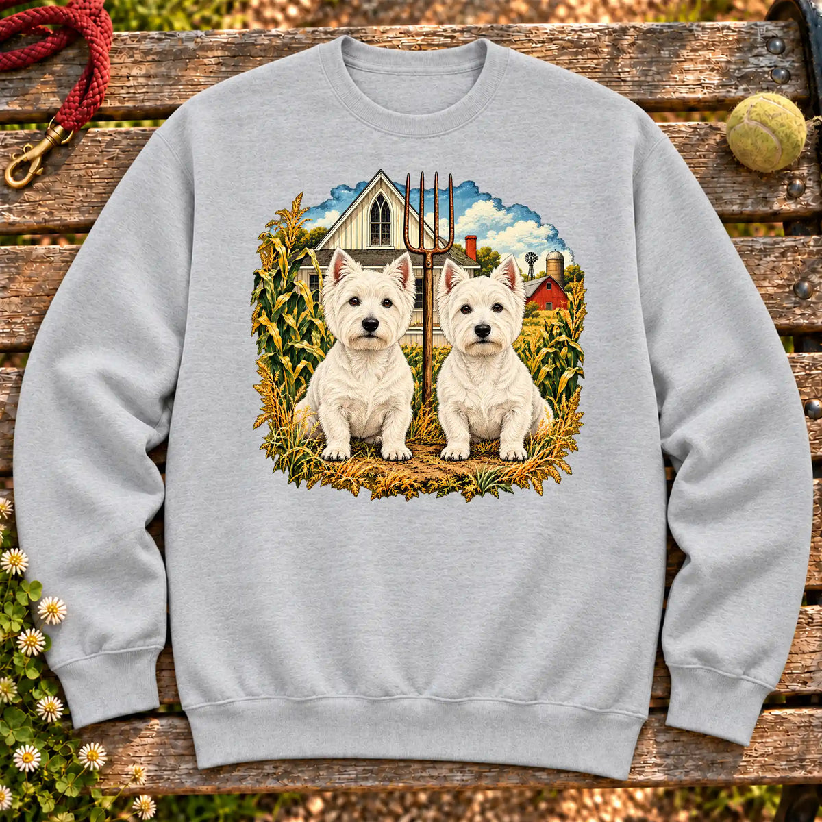 American Dogthic Westie farmhouse design on a Sport Grey Gildan® Heavy Blend sweatshirt