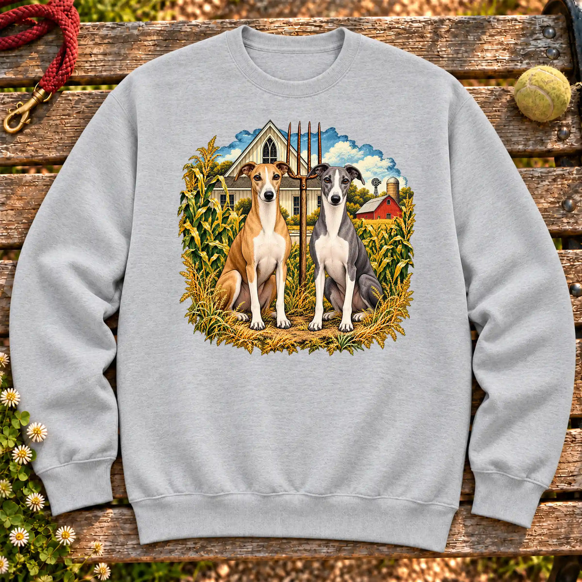 American Dogthic Whippet farmhouse design on a Sport Grey Gildan® Heavy Blend sweatshirt