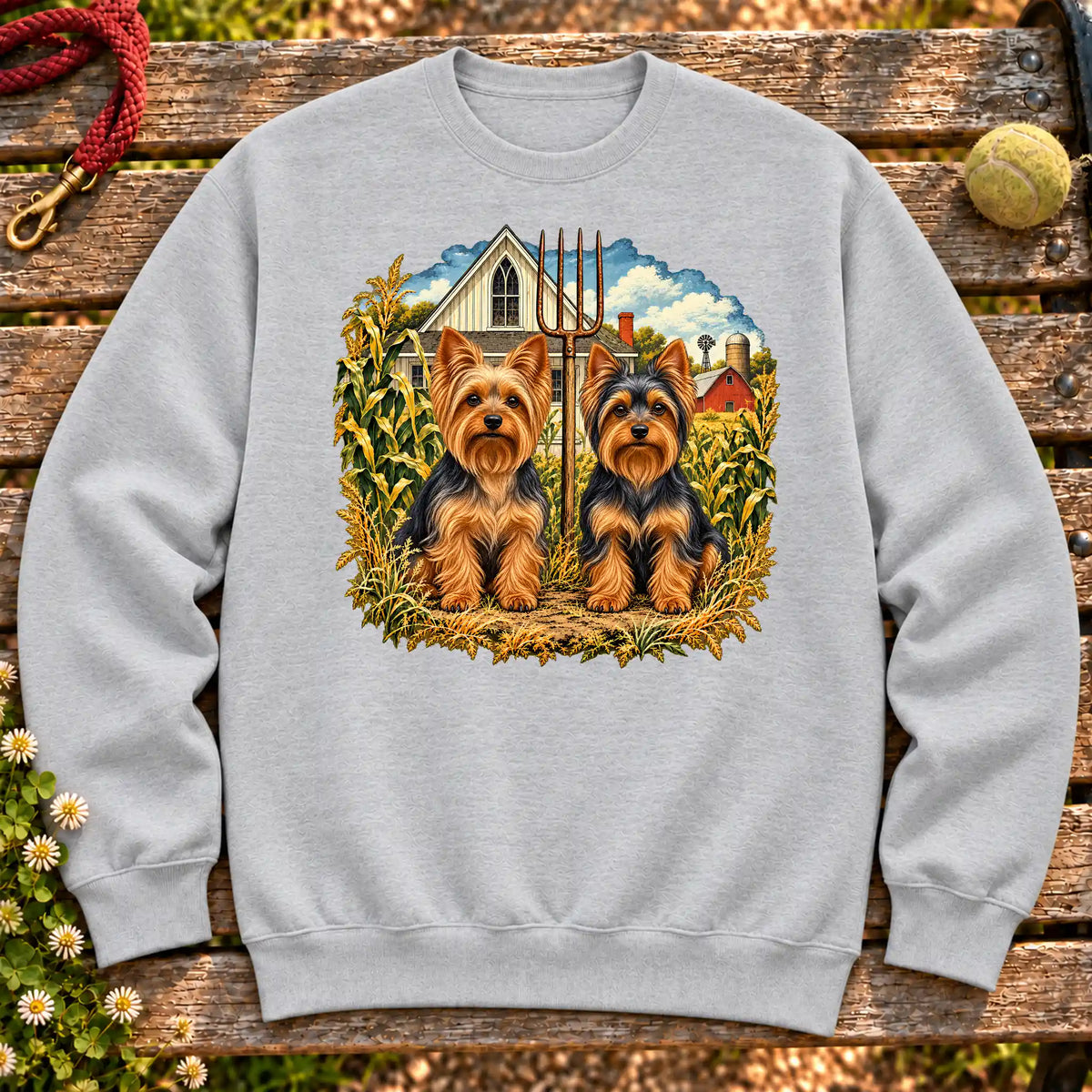 American Dogthic Yorkie farmhouse design on a Sport Grey Gildan® Heavy Blend sweatshirt