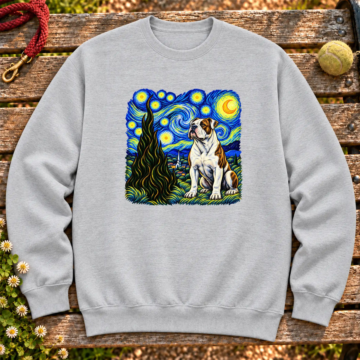 Colorful American Bulldog beneath a swirling starry night sky on a Sport Grey sweatshirt
