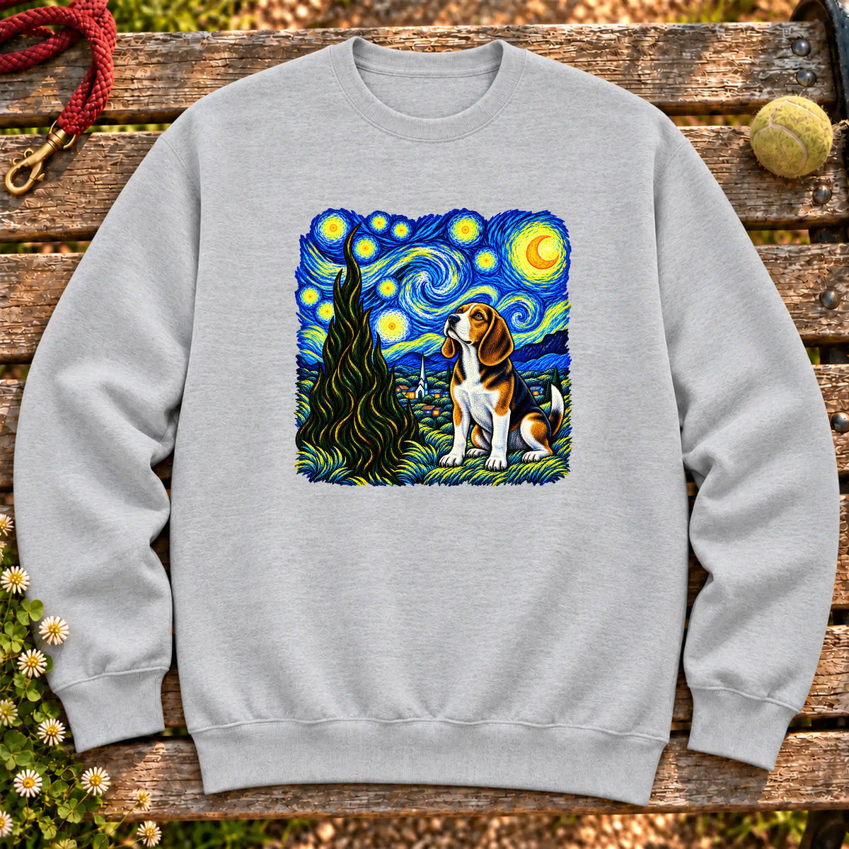 Colorful Beagle beneath a swirling starry night sky on a Sport Grey sweatshirt