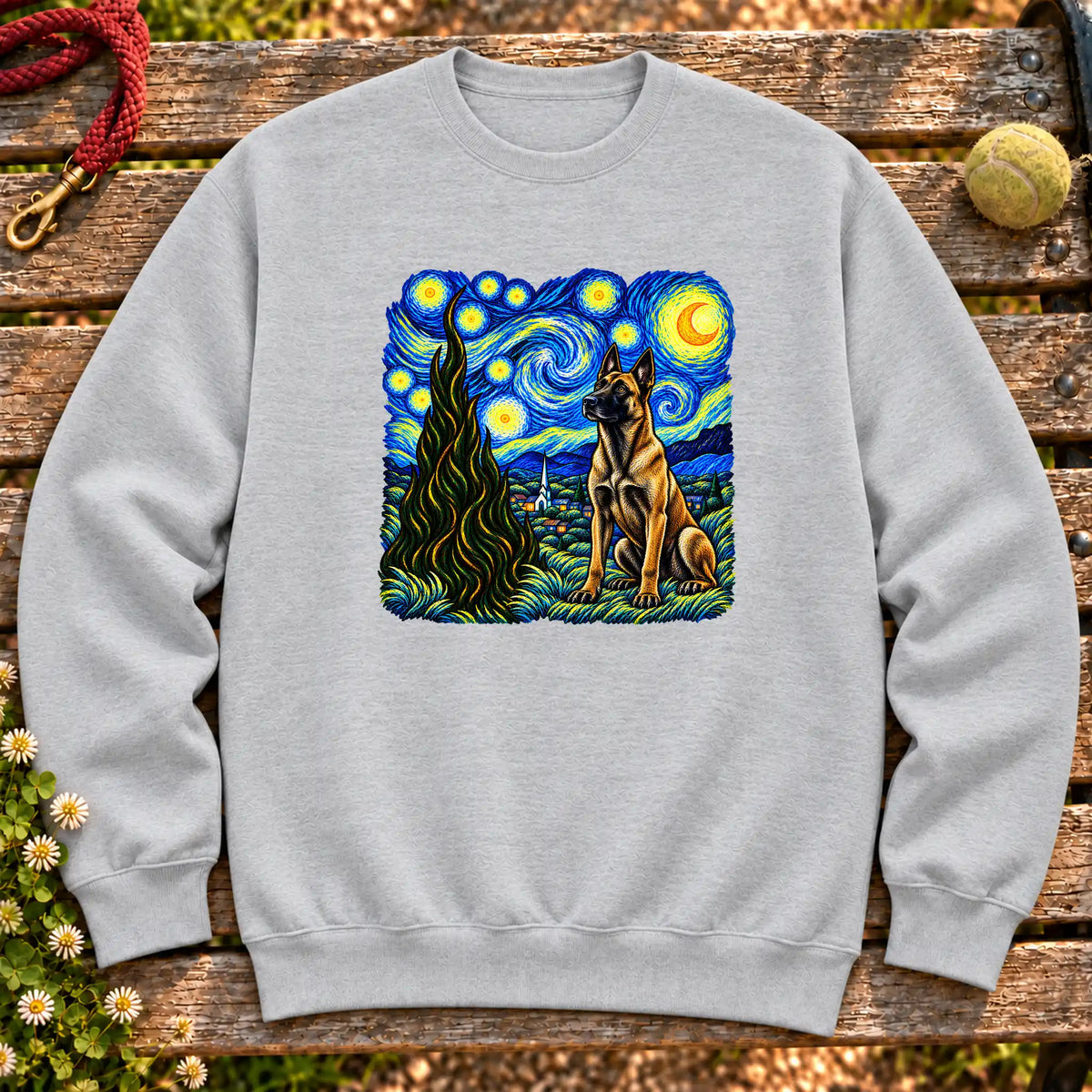 Colorful Belgian Malinois beneath a swirling starry night sky on a Sport Grey sweatshirt