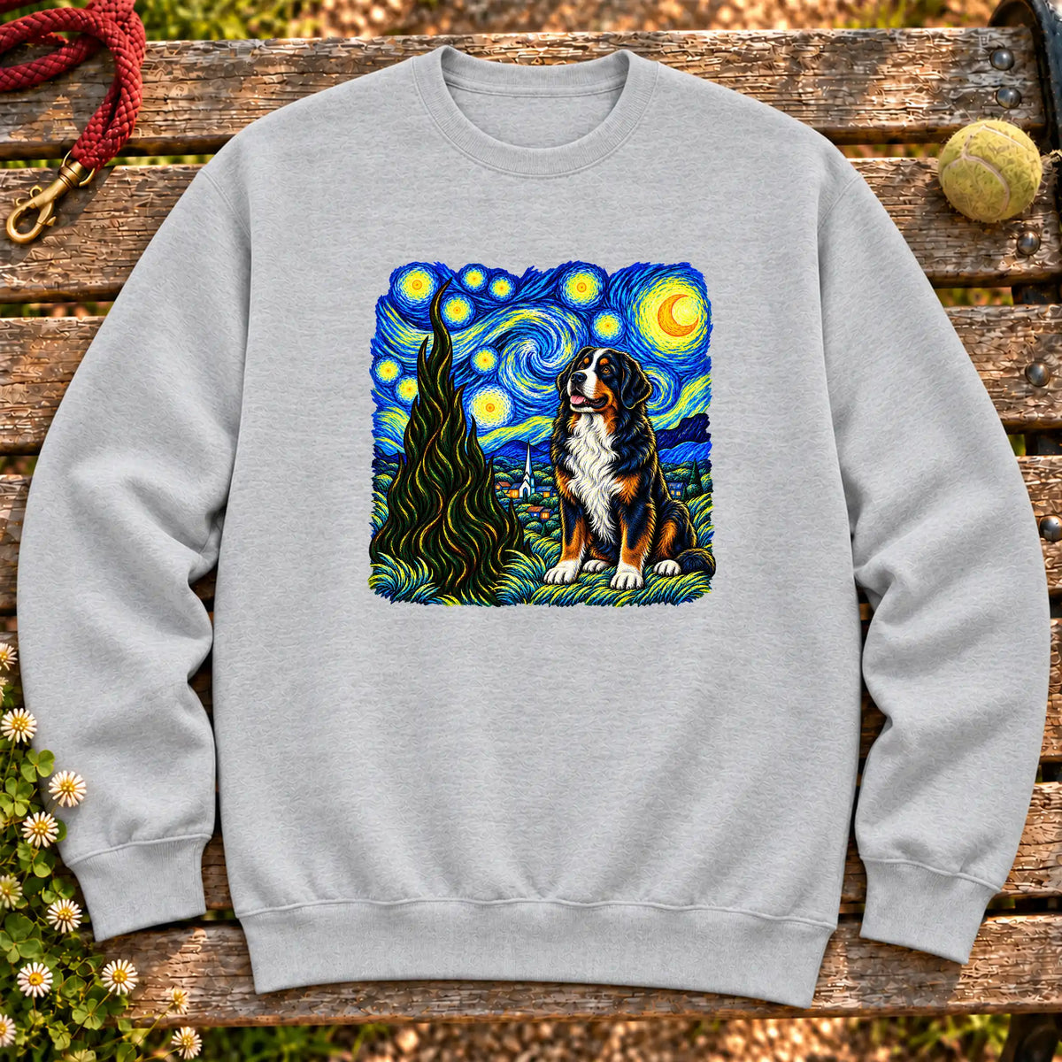 Colorful Bernese Mountain Dog beneath a swirling starry night sky on a Sport Grey sweatshirt
