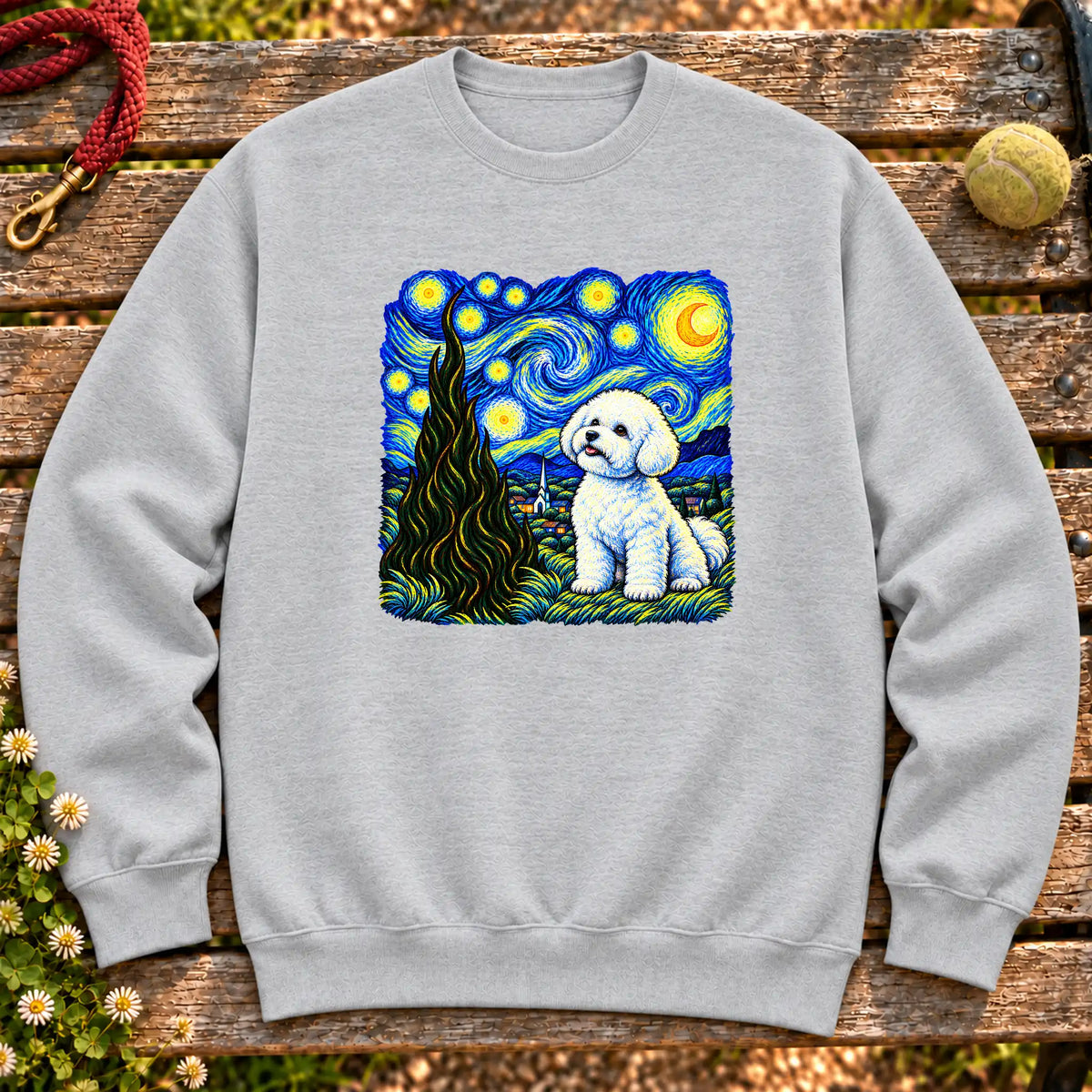 Colorful Bichon Frise beneath a swirling starry night sky on a Sport Grey sweatshirt