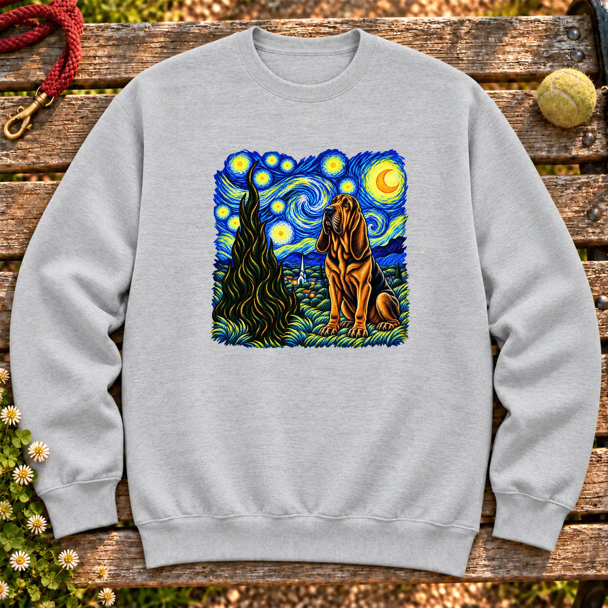 Colorful Bloodhound beneath a swirling starry night sky on a Sport Grey sweatshirt