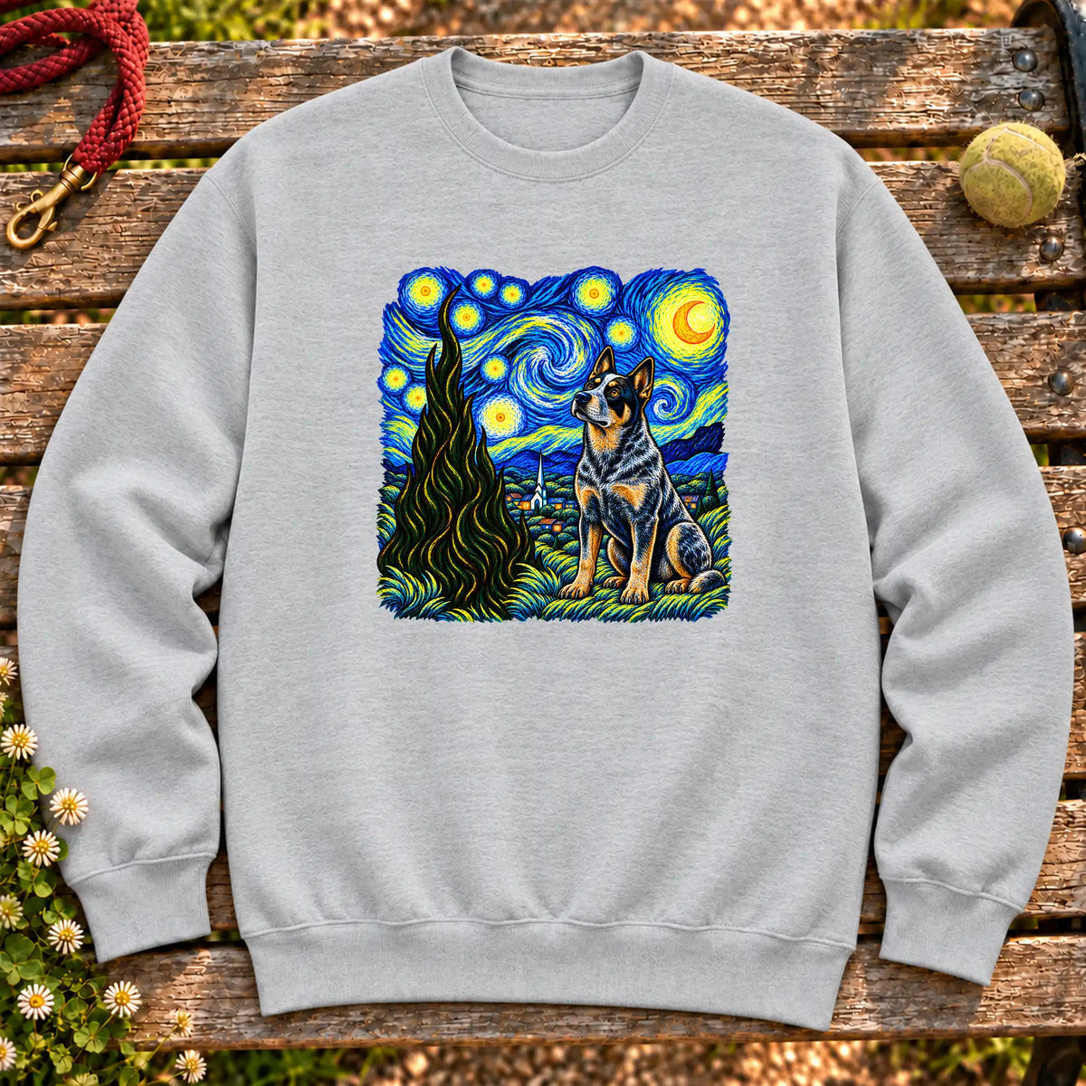 Colorful Blue Heeler beneath a swirling starry night sky on a Sport Grey sweatshirt