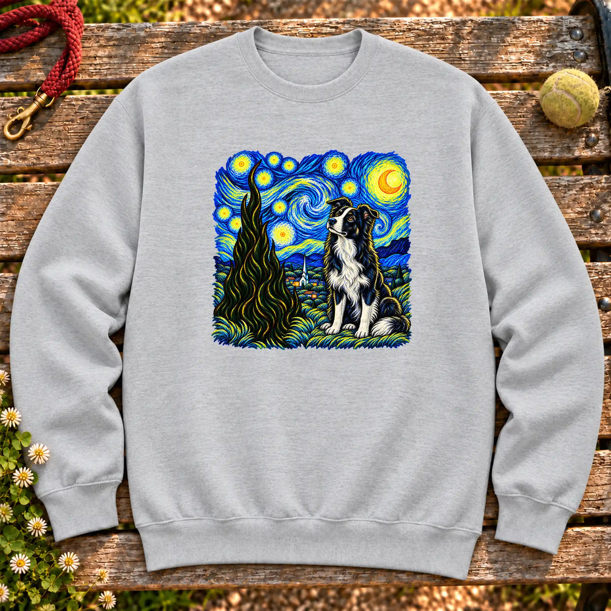 Colorful Border Collie beneath a swirling starry night sky on a Sport Grey sweatshirt