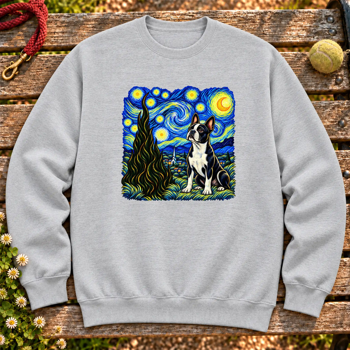Colorful Boston Terrier beneath a swirling starry night sky on a Sport Grey sweatshirt