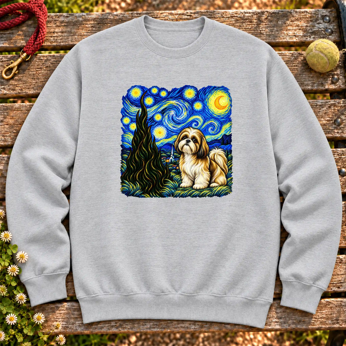 Colorful Shih Tzu beneath a swirling starry night sky on a Sport Grey sweatshirt