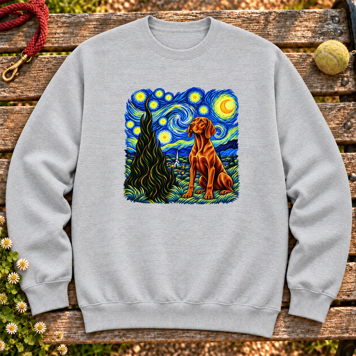 Colorful Vizsla beneath a swirling starry night sky on a Sport Grey sweatshirt