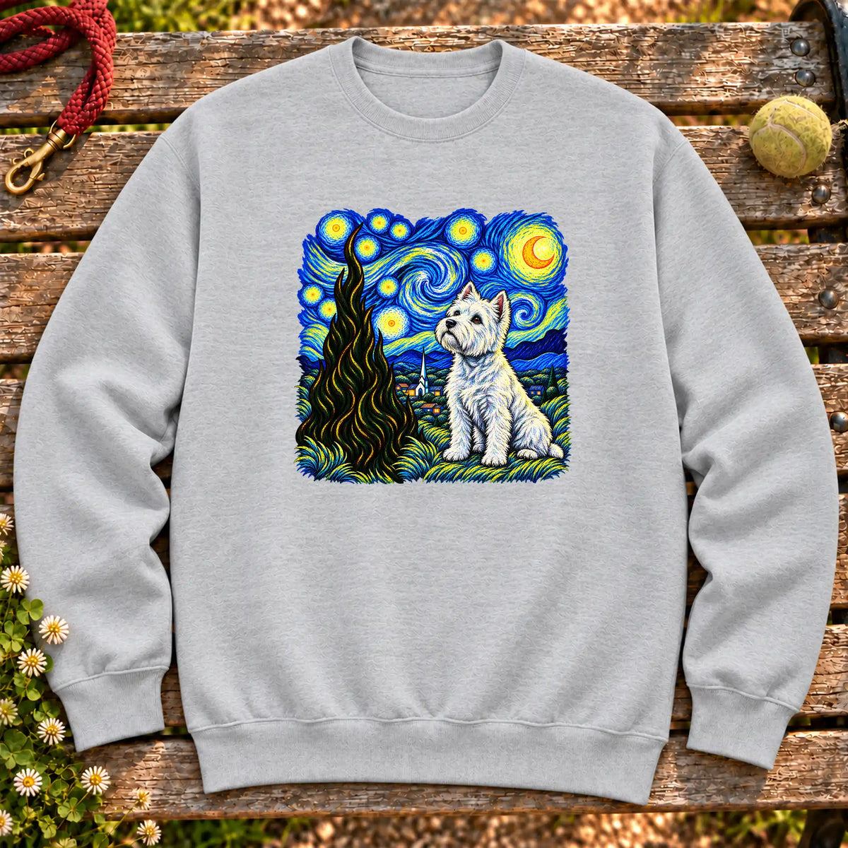 Colorful Westie beneath a swirling starry night sky on a Sport Grey sweatshirt