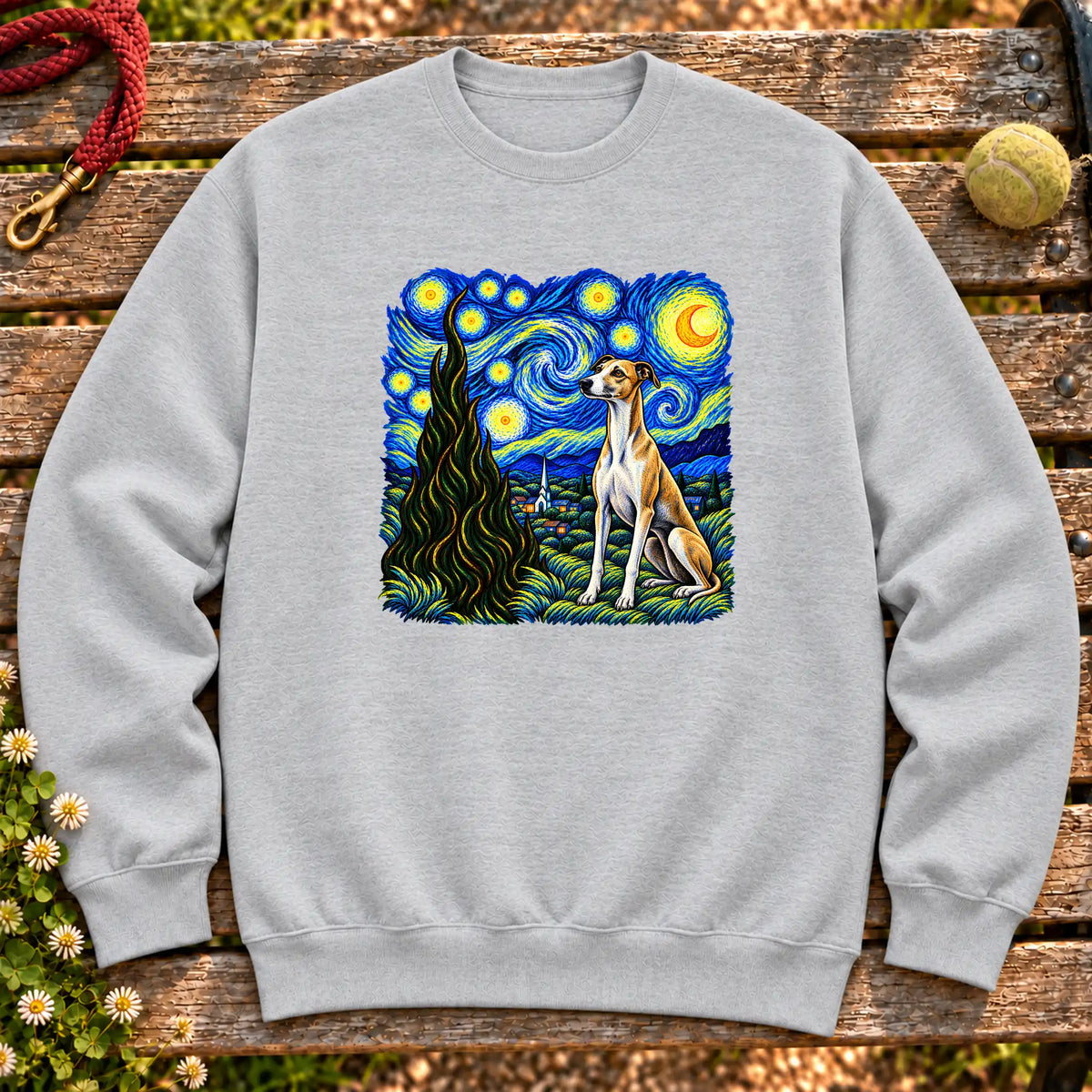 Colorful Whippet beneath a swirling starry night sky on a Sport Grey sweatshirt