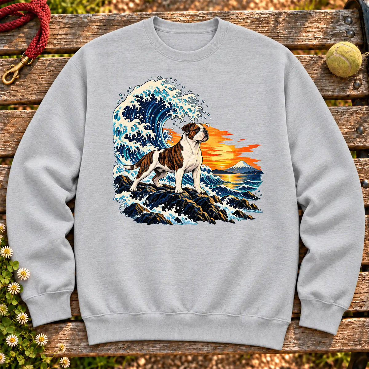 American Bulldog dog with ocean waves, sunset and Mount Fuji on a Sport Grey Gildan crewneck sweatshirt