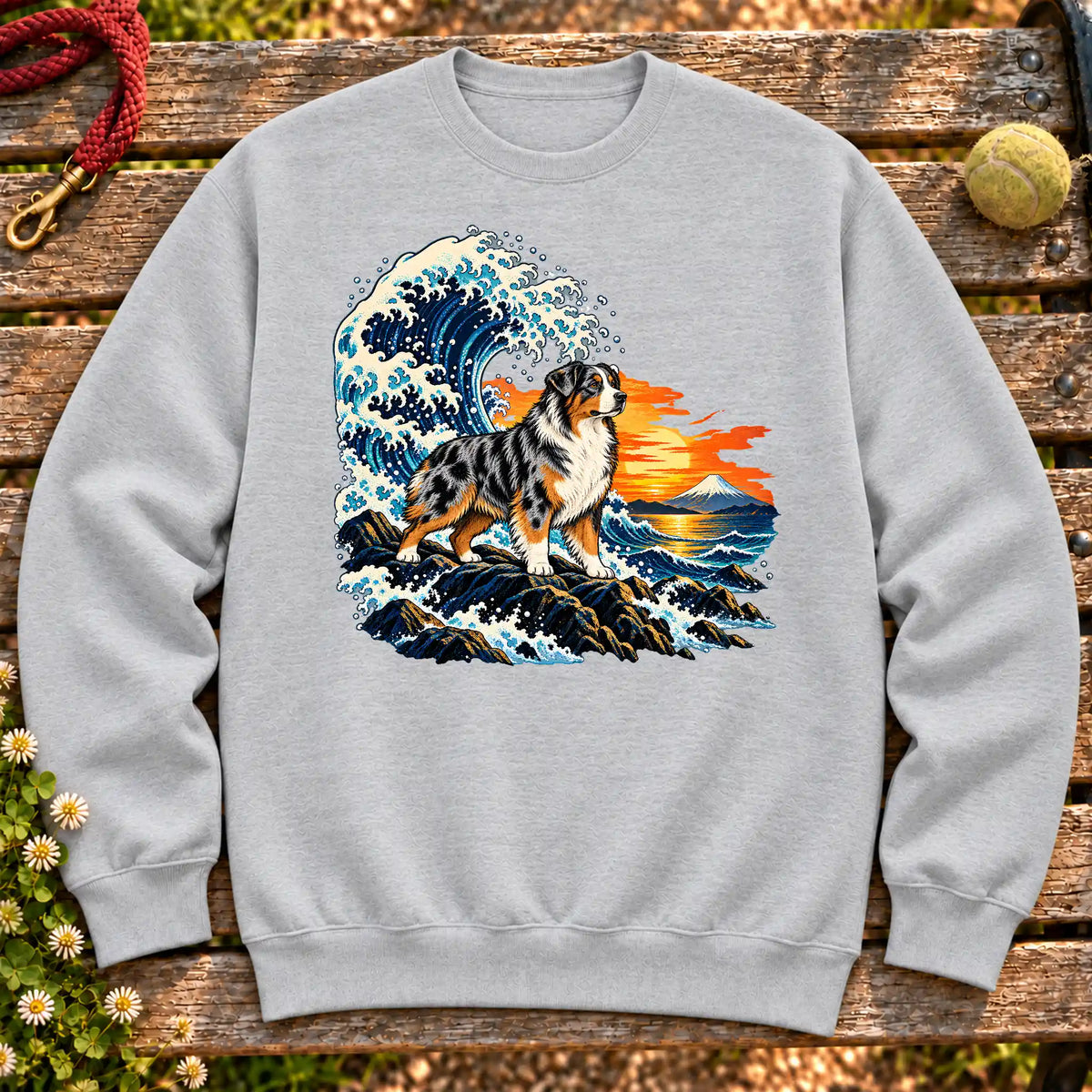 Australian Shepherd dog with ocean waves, sunset and Mount Fuji on a Sport Grey Gildan crewneck sweatshirt